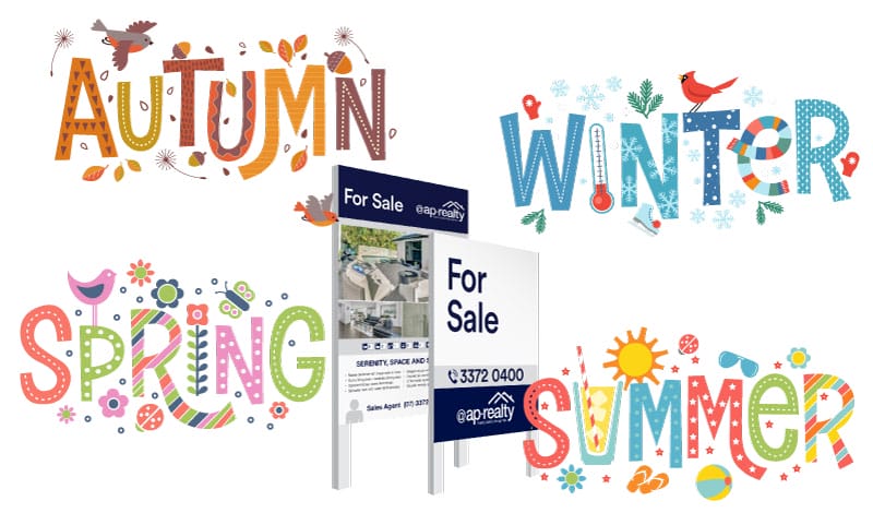 Best time of the year to sell your home. Summer, autum, winter and spring surrounding ap-realty for sale sign.