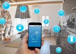 Smart home technology. Smart phone at ready to controll numerous smart technologes in hte home.