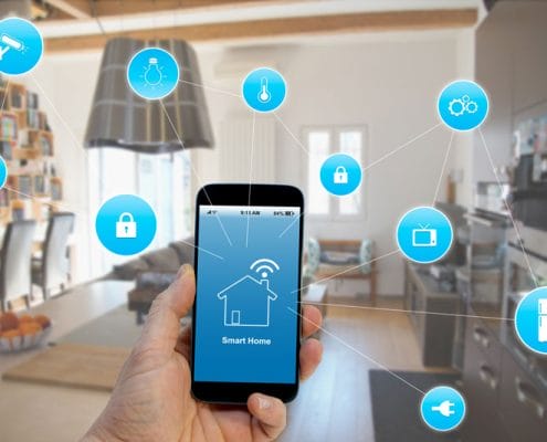Smart home technology. Smart phone at ready to controll numerous smart technologes in hte home.